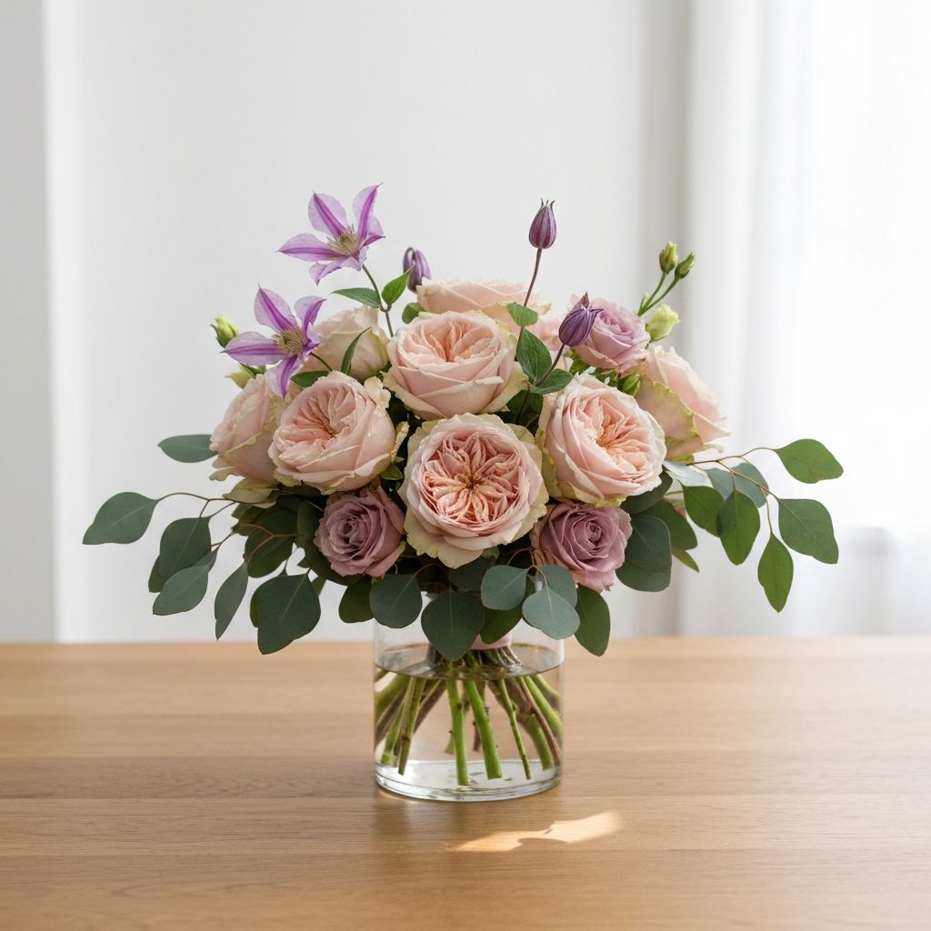 Hand-tied floral arrangement of blush garden roses and eucalyptus in a glass vase