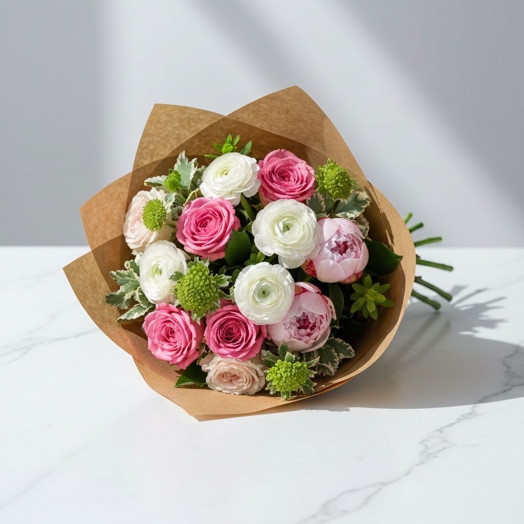 Fresh flower bouquet of pink roses and white ranunculus wrapped in kraft paper on marble