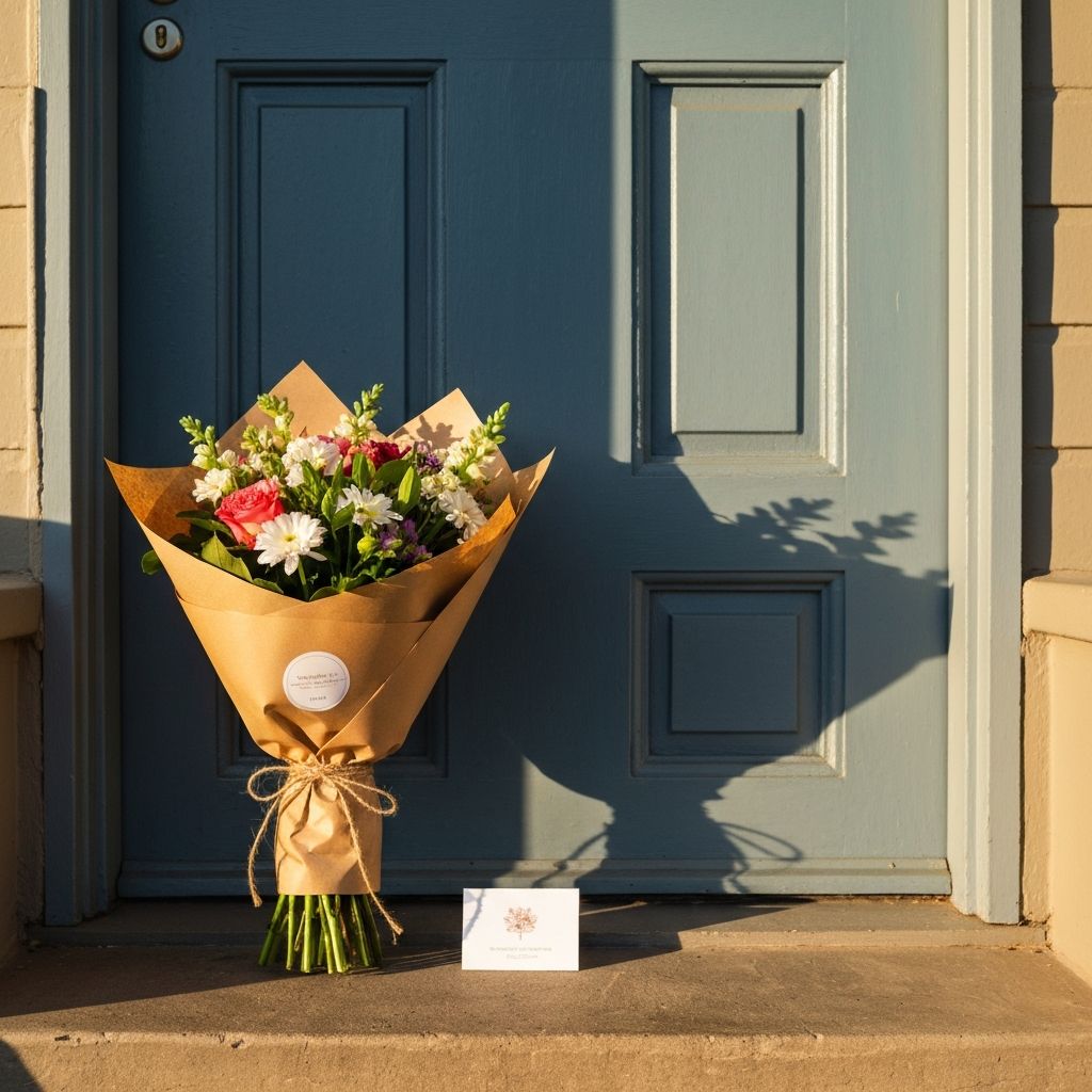 Fresh flower bouquet in kraft paper wrapping sitting on a doorstep ready for delivery